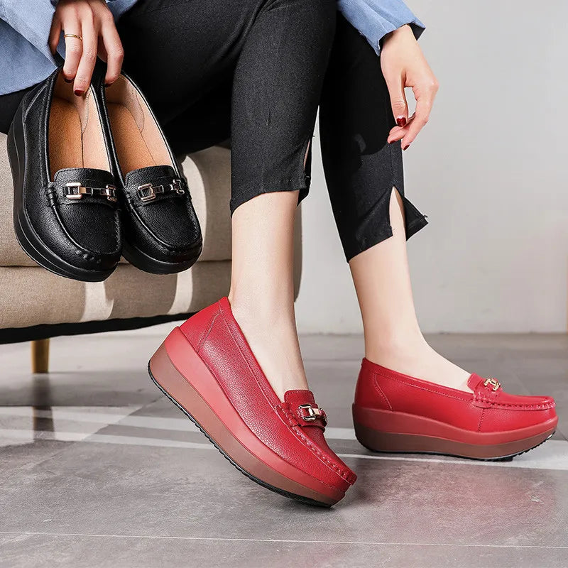 Mocasines ortopédicos rojos con plataforma para mujer