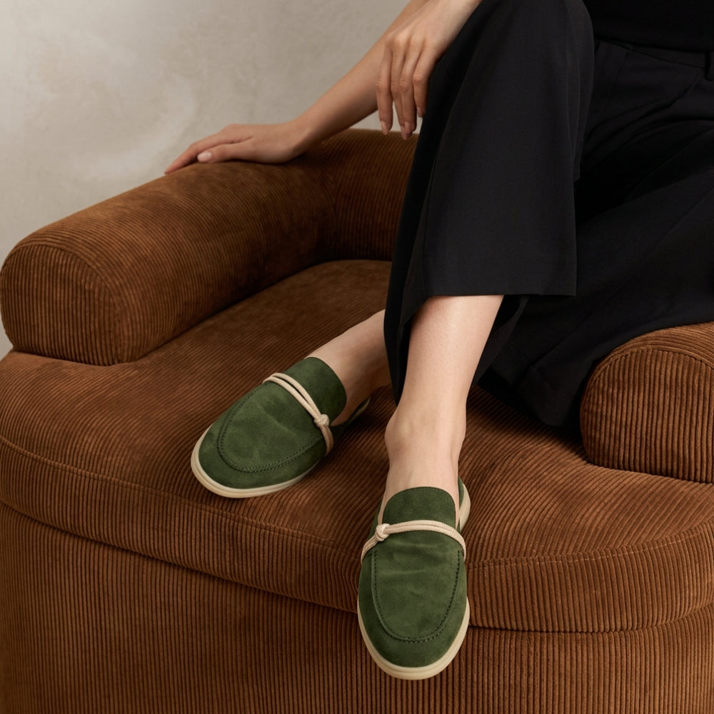 Mocasines mule de piel ante para mujer con lazo marinero