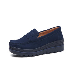 Mocasines de ante para mujer con suela de cuña, Azul marino