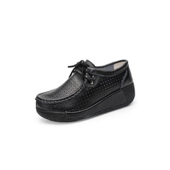 Mocasines mujer de piel con suela de cuña, Negro