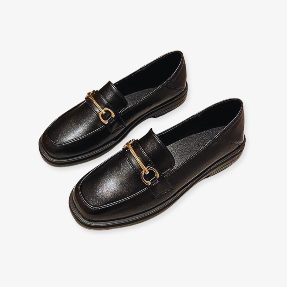 Mocasines de punta redonda y tacón cuadrado para mujer en color negro