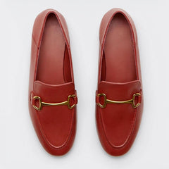 Mocasines finos con hebilla de metal dorado en piel auténtica, Rojo