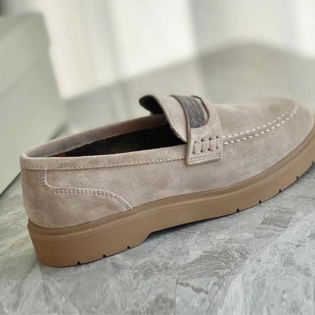 Mocasines grises para mujer de ante auténtico
