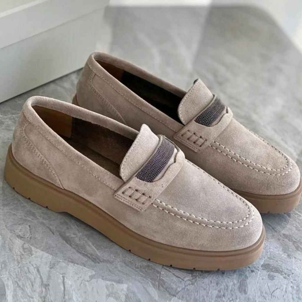 Mocasines grises para mujer de ante auténtico