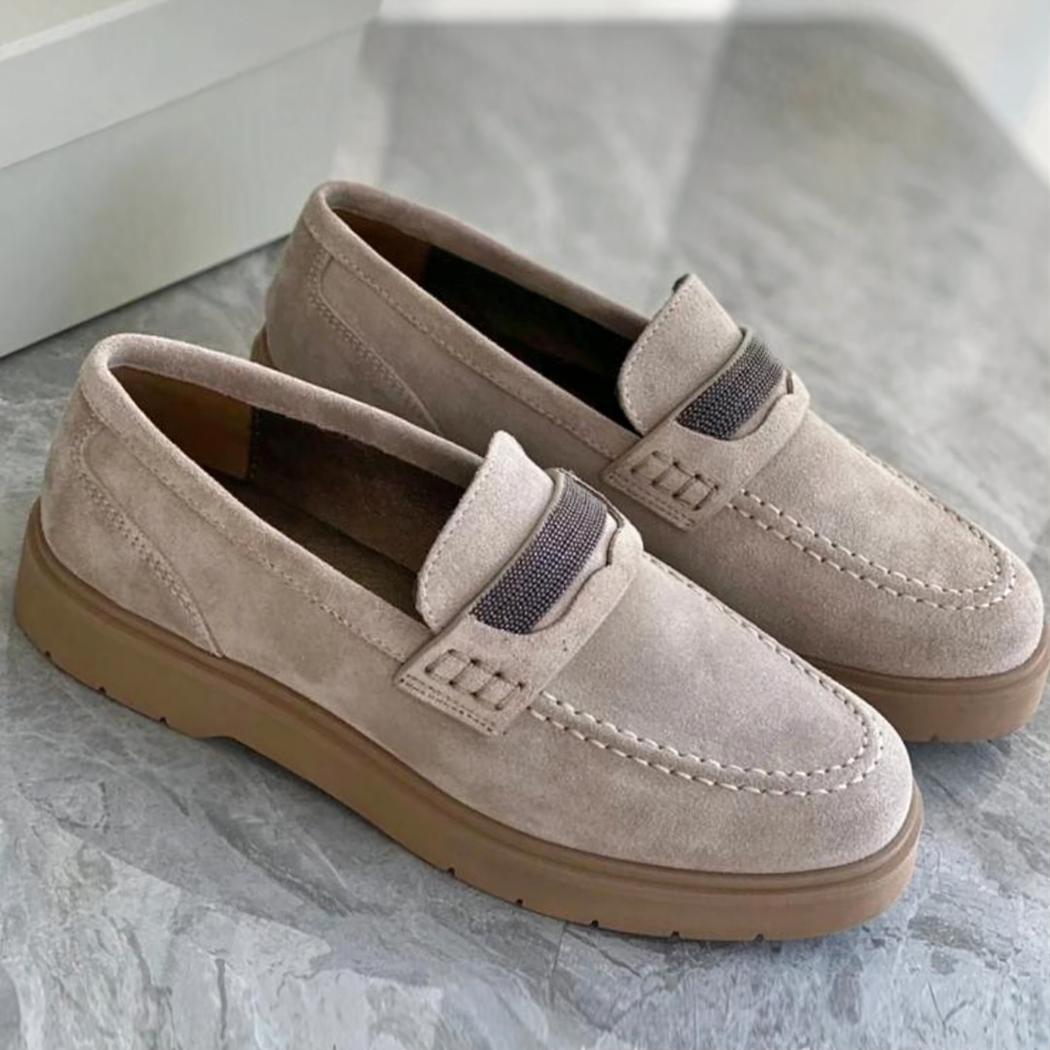 Mocasines grises para mujer de ante auténtico