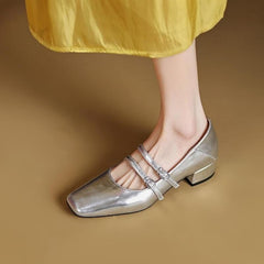 Mocasín bailarina con tacón cuadrado, Plata