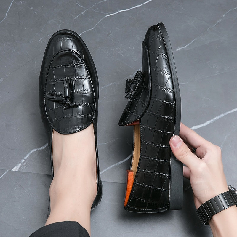 Mocasines con borlas elegantes en cuero efecto cocodrilo para hombre