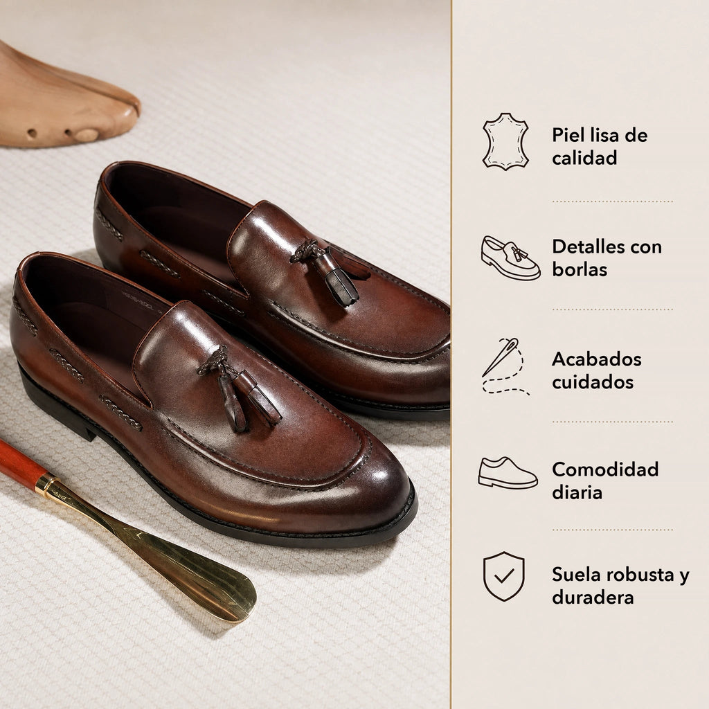 Mocasín de borla para hombre con flecos decorativos, color negro, detalle de la suela