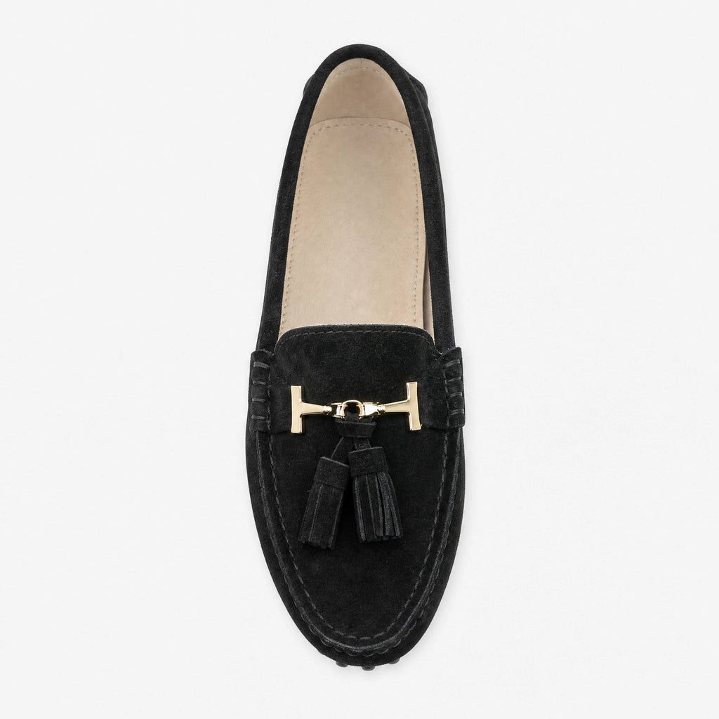 Mocasín con borlas y adorno dorado para mujer, color negro, foto 1