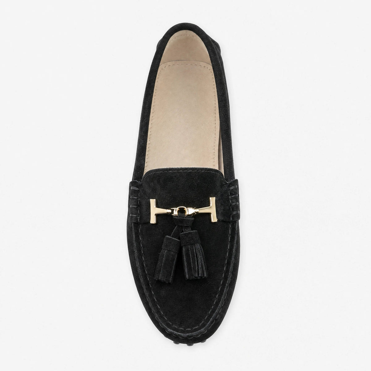Mocasín con borlas y adorno dorado para mujer, color negro, foto 1