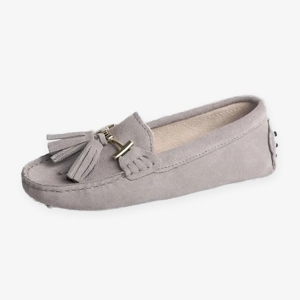 Mocasín con borlas y adorno dorado para mujer, color camel, foto 11