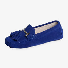 Mocasín con borlas para mujer con adorno dorado, Azul rey