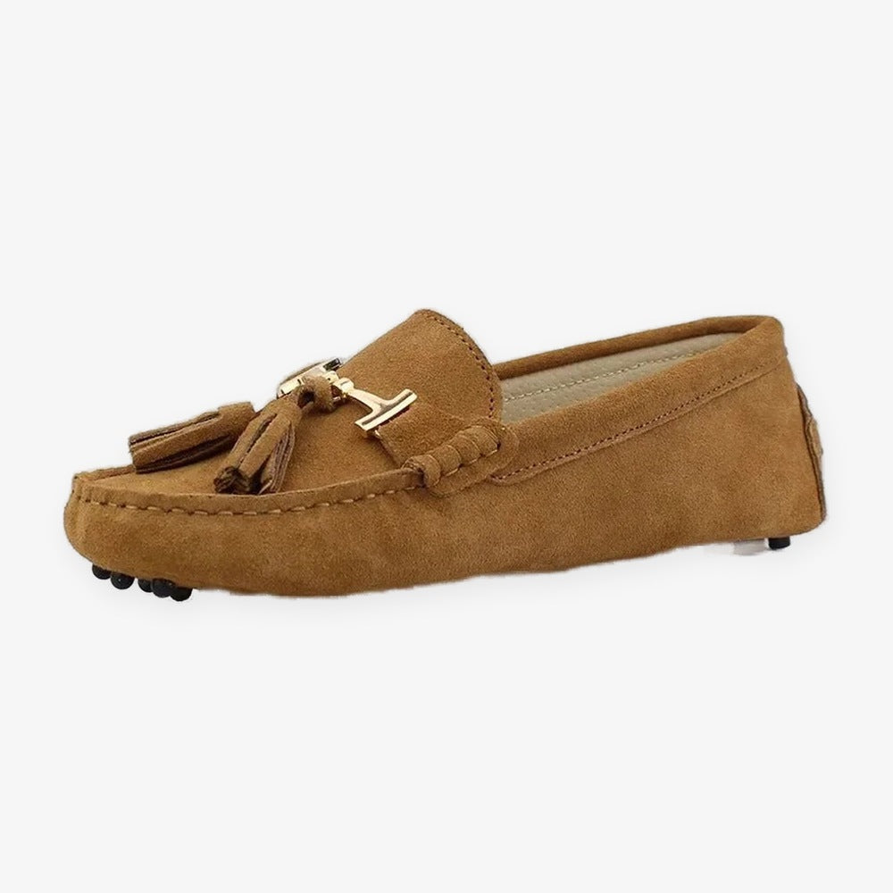 Mocasín con borlas y adorno dorado para mujer, color gris claro, foto 7