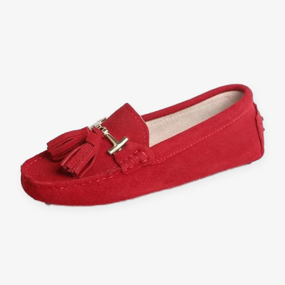 Mocasín con borlas y adorno dorado para mujer, color negro, foto 9