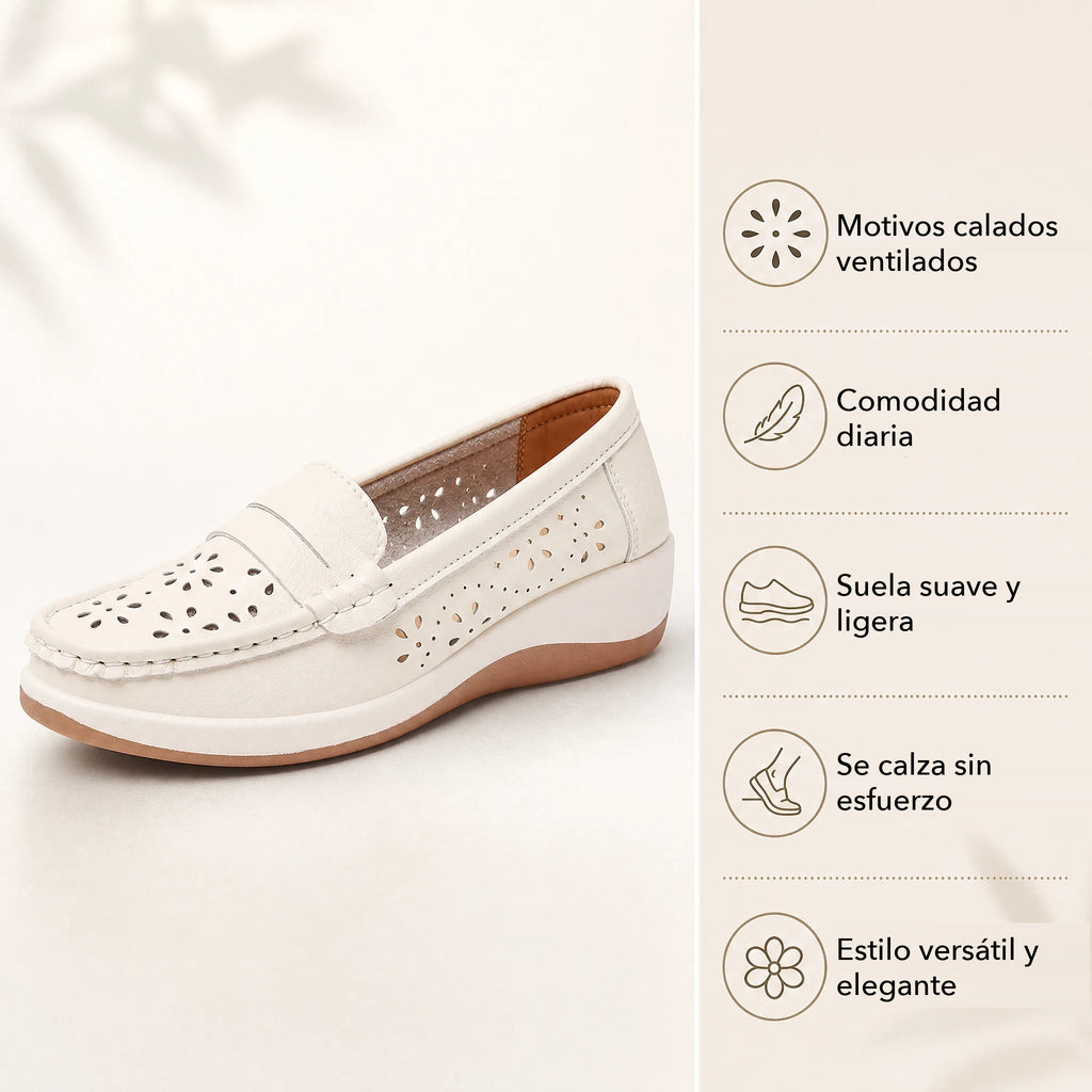 Mocasín de cuña calado para mujer Beige, detalle de las costuras