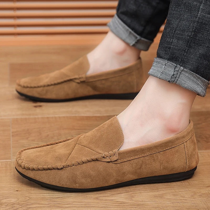 Mocasín efecto ante para hombre con costuras vistas azul, vista del perfil