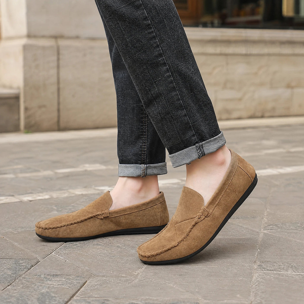 Mocasín efecto ante para hombre con costuras vistas azul, vista desde arriba
