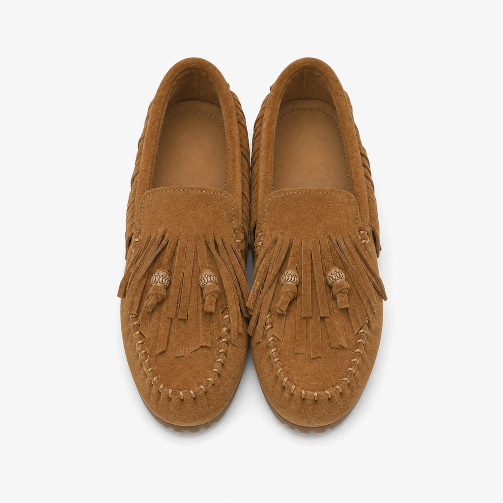 Mocasín con flecos efecto ante camel para mujer, vista lateral
