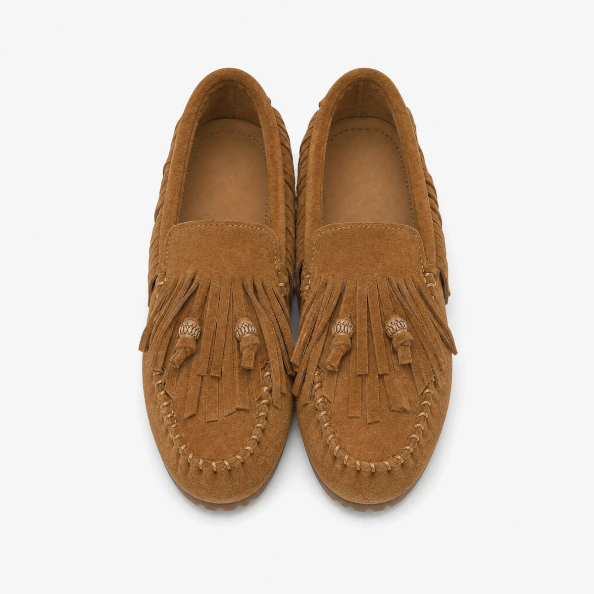 Mocasín con flecos efecto ante camel para mujer, vista lateral