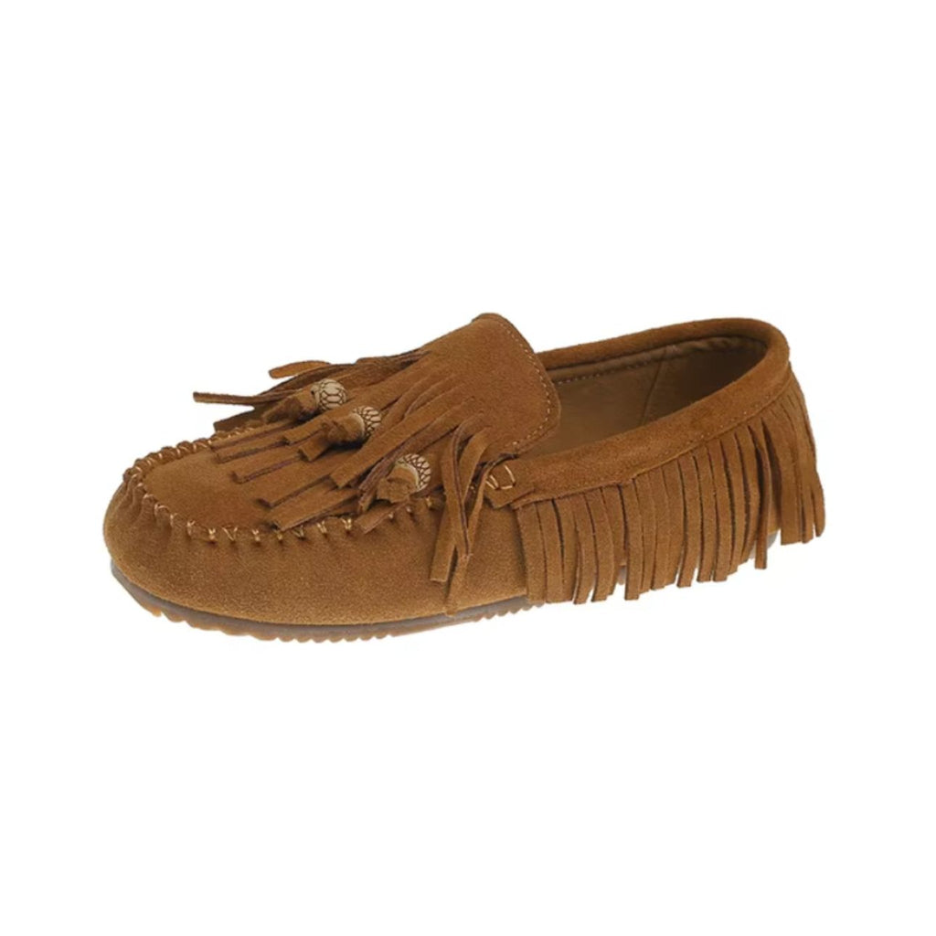 Mocasín con flecos efecto ante camel para mujer, vista superior