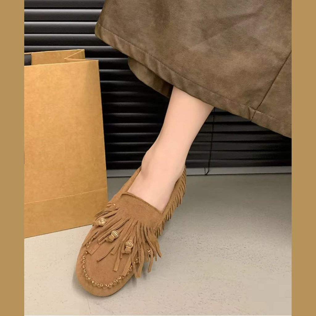 Mocasín con flecos efecto ante camel para mujer, par completo