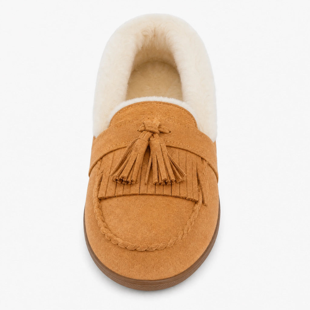 Mocasín forrado de mujer camel con pompones, vista lateral