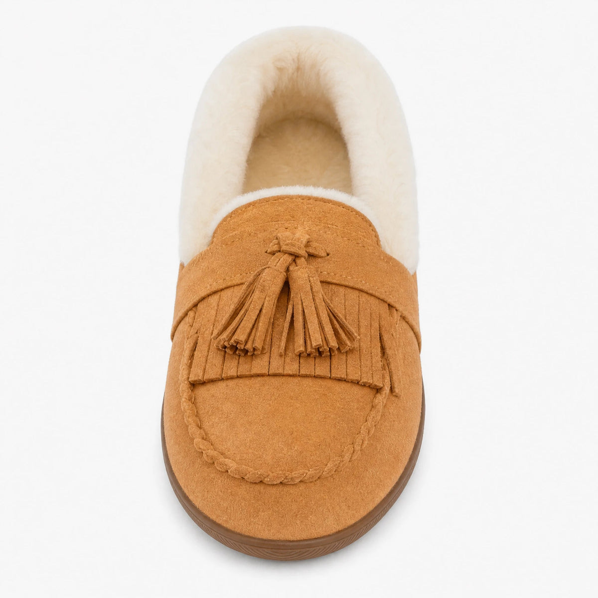 Mocasín forrado de mujer camel con pompones, vista lateral