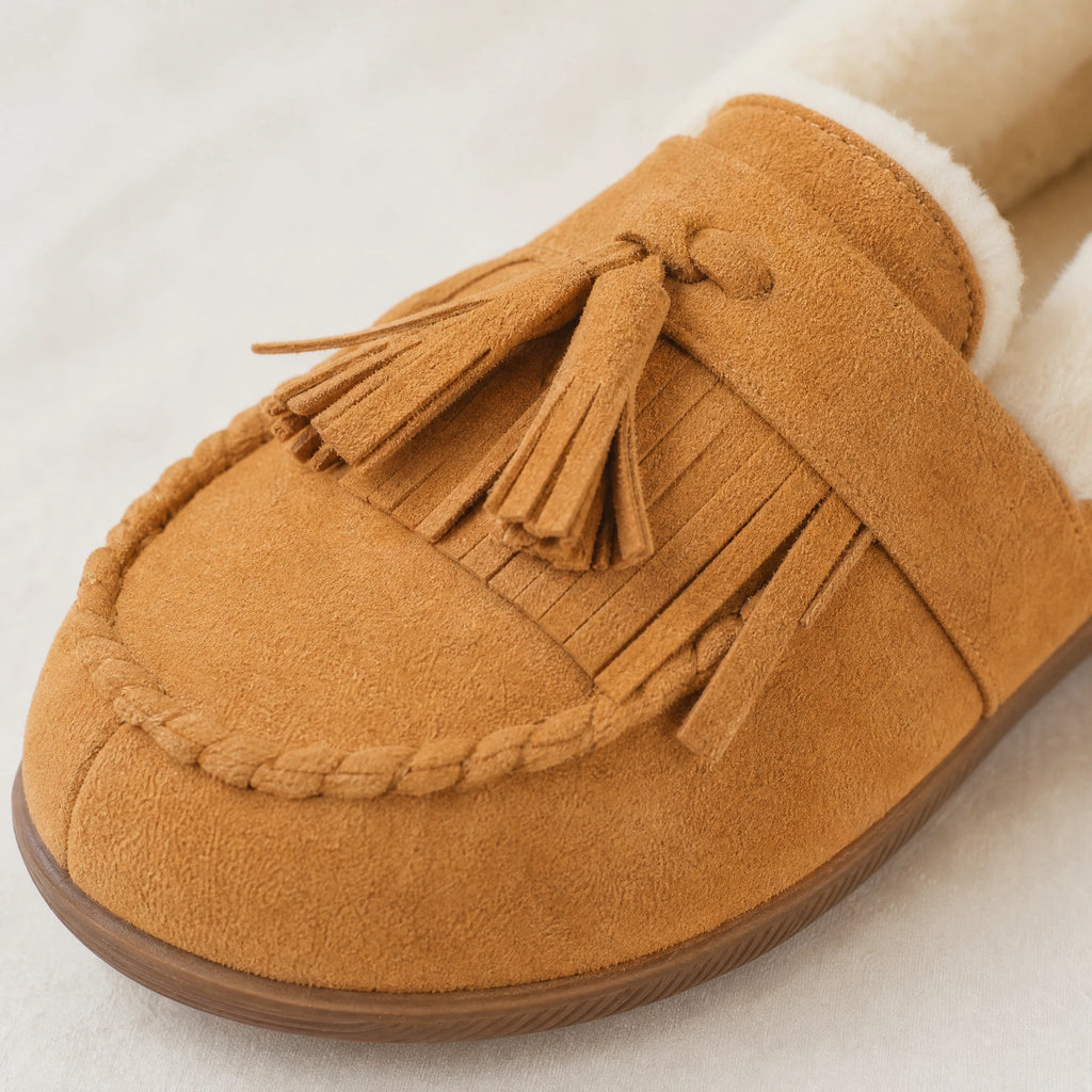 Mocasín forrado de mujer camel con pompones, vista frontal