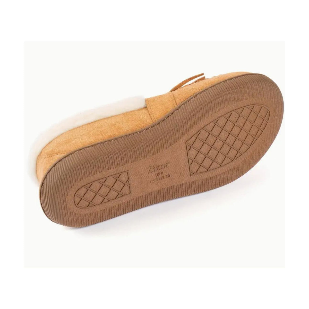 Mocasín forrado de mujer camel con pompones, detalle de la suela