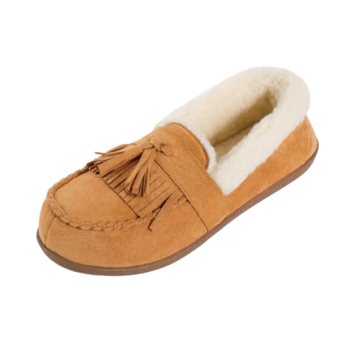 Mocasín forrado de mujer camel con pompones, detalle del material