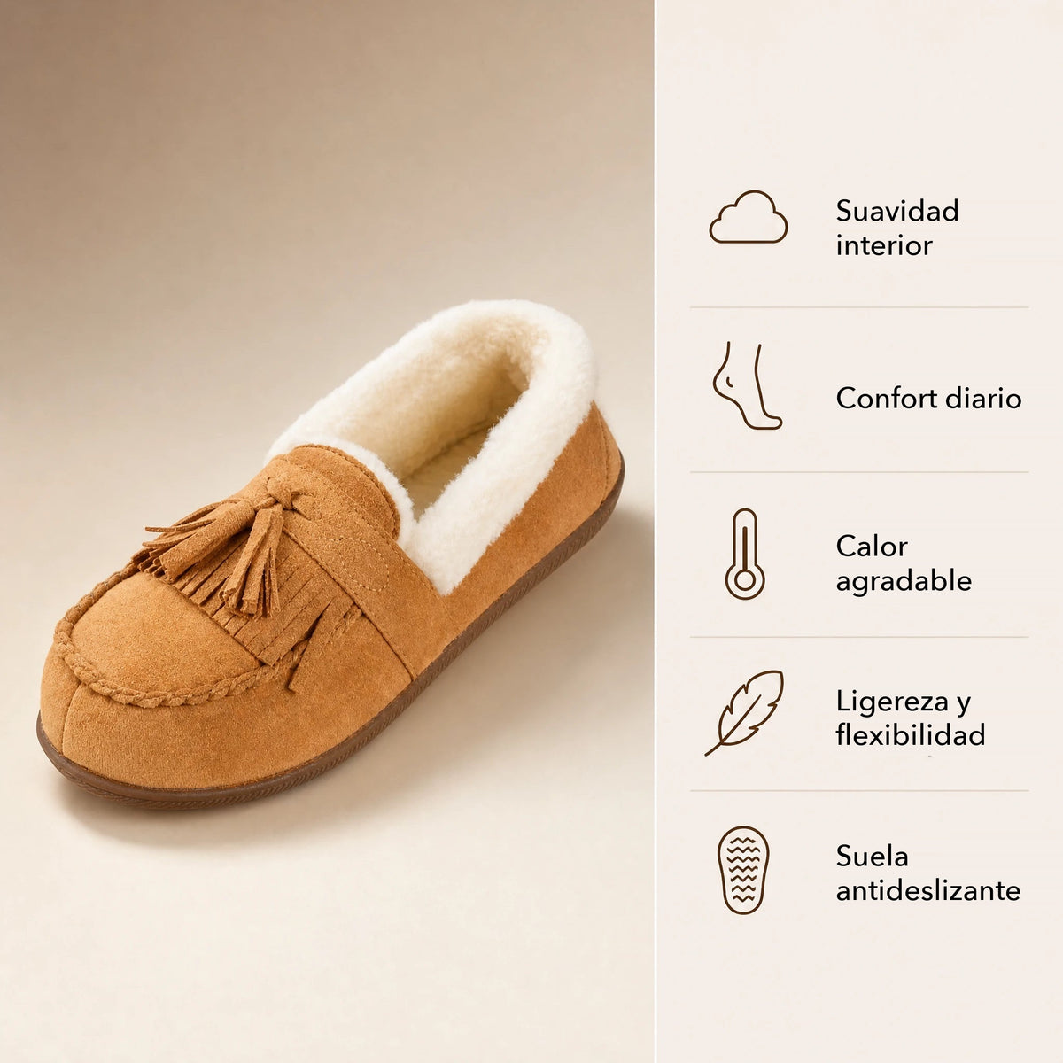 Mocasín forrado de mujer camel con pompones, vista superior