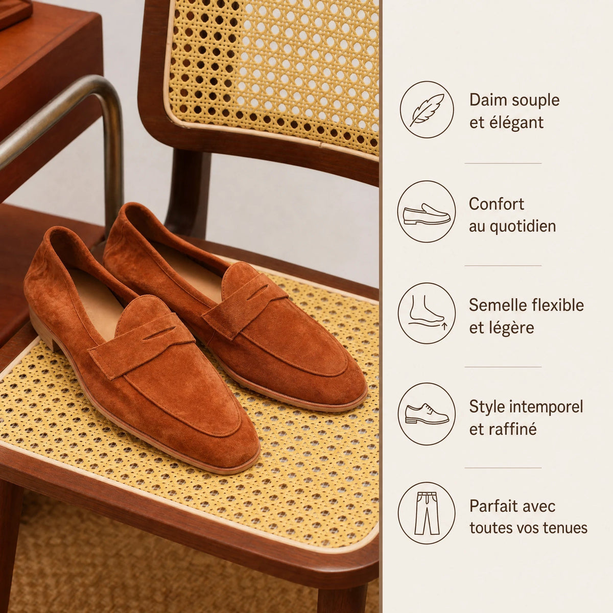 Mocasín hombre de ante con pespunte penny gris oscuro, detalle de la costura