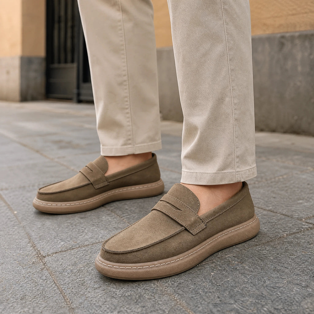 Mocasín de piel con tira y suela gruesa para hombre caqui, vista desde arriba