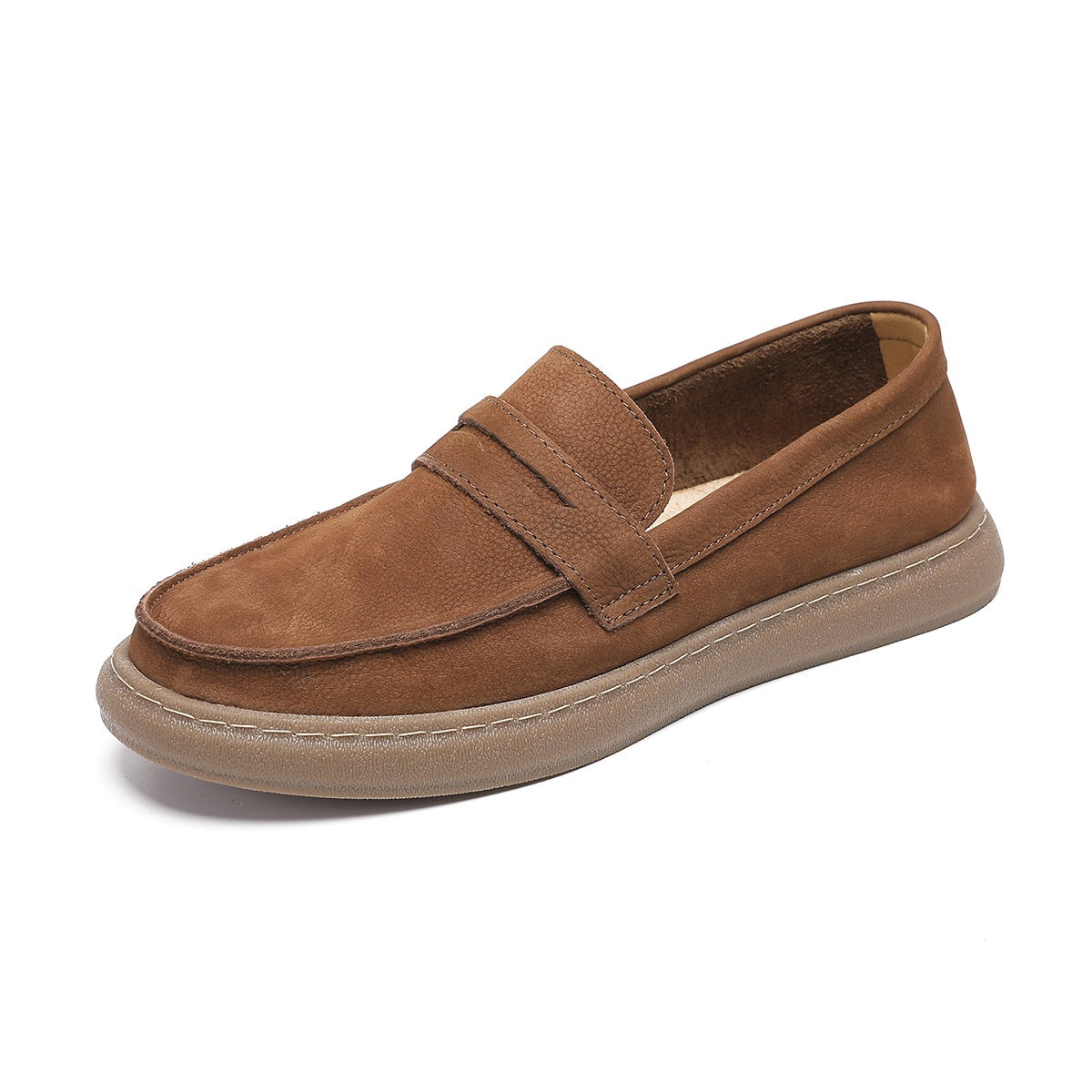 Mocasín de piel con tira y suela gruesa para hombre marrón, detalle de la suela