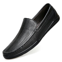 Mocasín de hombre en piel flexible calada, comodidad transpirable, Negro