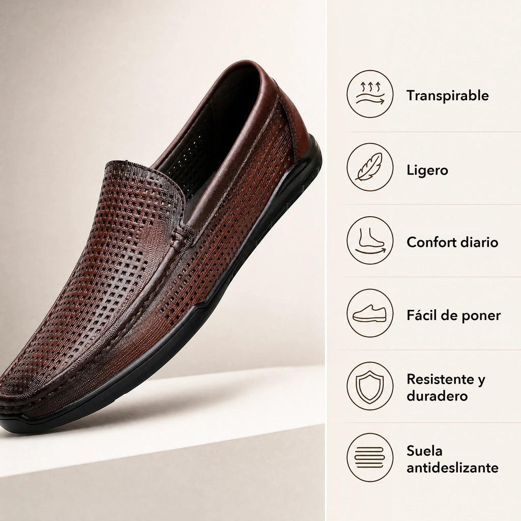 Mocasín de hombre en piel flexible calada, comodidad transpirable, color negro, vista frontal