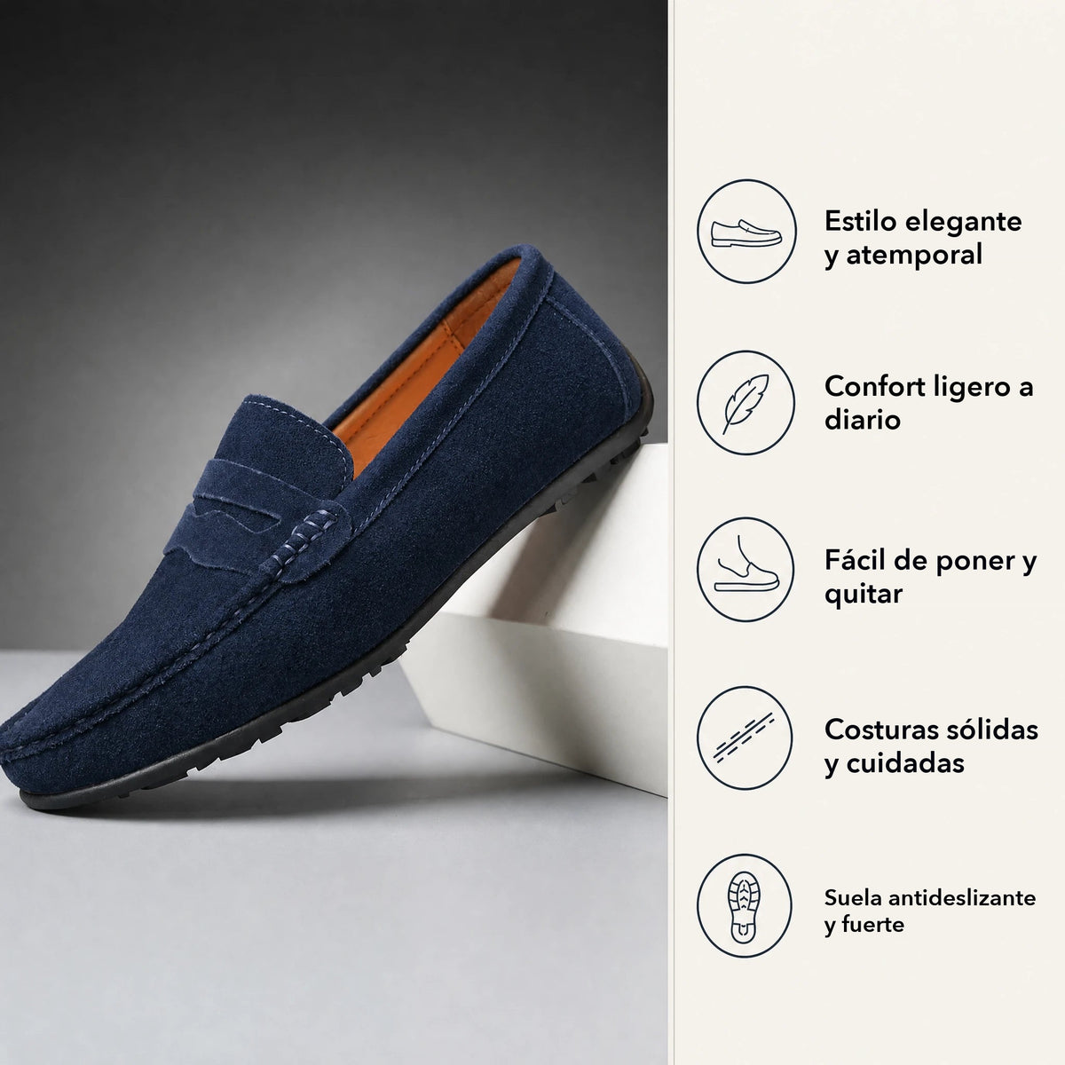 Mocasín de hombre con suela dentada, estilo penny, color gris claro, vista superior