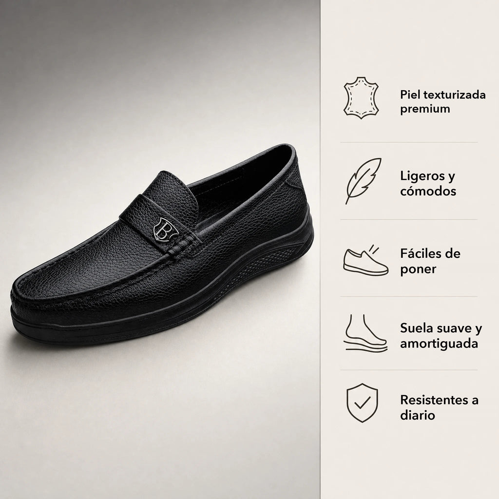 Mocasín de hombre negro de piel grabada con suela gruesa, detalle de la suela