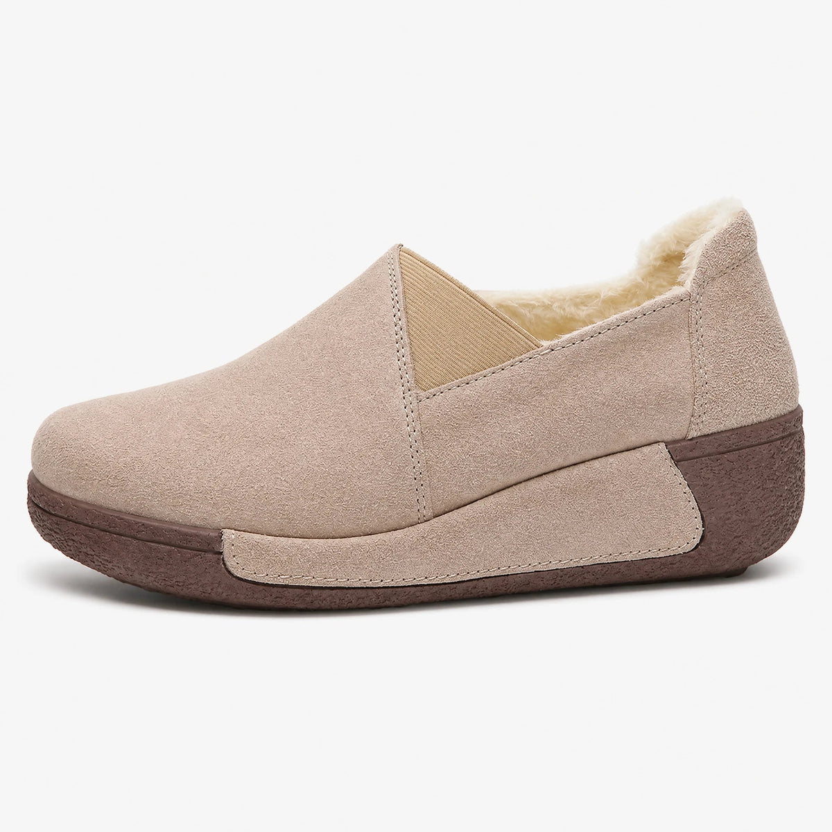 Mocasín de mujer en piel de ante con forro polar y suela de plataforma, color gris oscuro, vista lateral