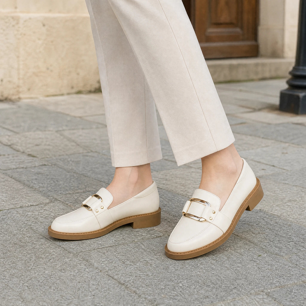 Mocasín de mujer beige con hebilla dorada y suela camel, vista trasera
