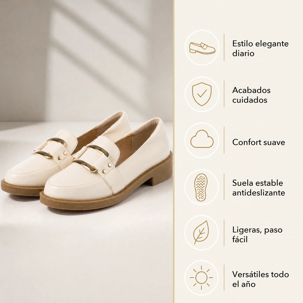 Mocasín de mujer beige con hebilla dorada y suela camel, detalle de la suela
