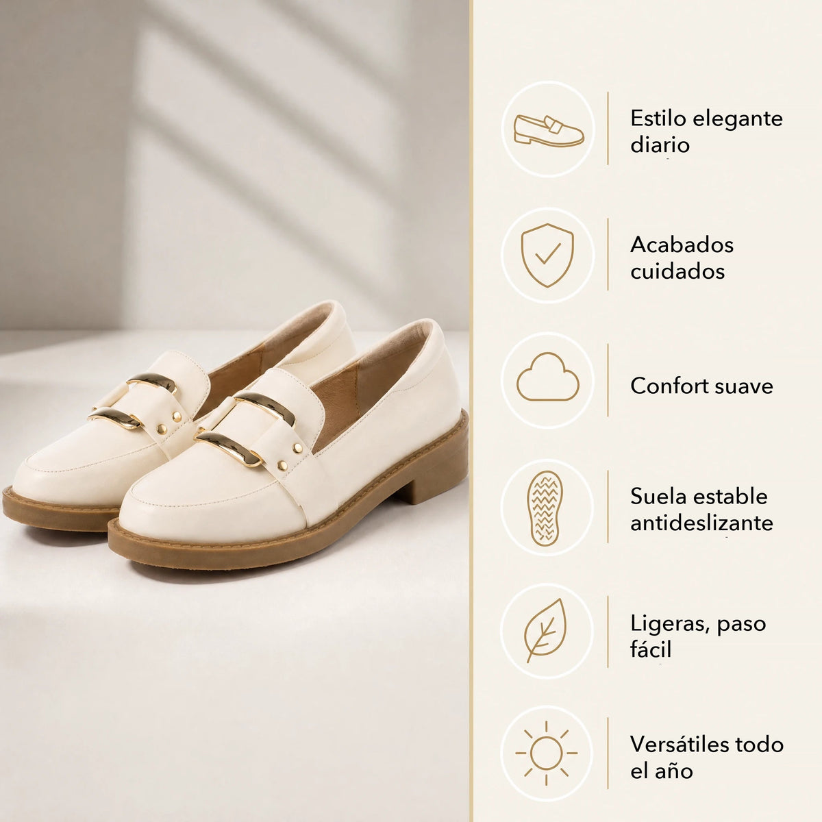 Mocasín de mujer beige con hebilla dorada y suela camel, detalle de la suela Imagen