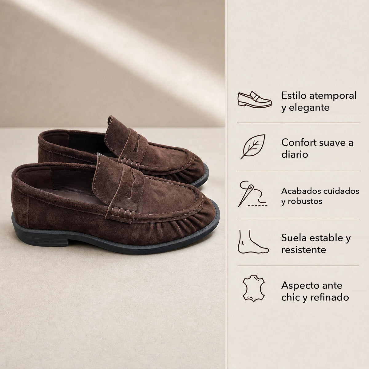 Mocasín de mujer efecto ante Chocolate, detalle de las costuras