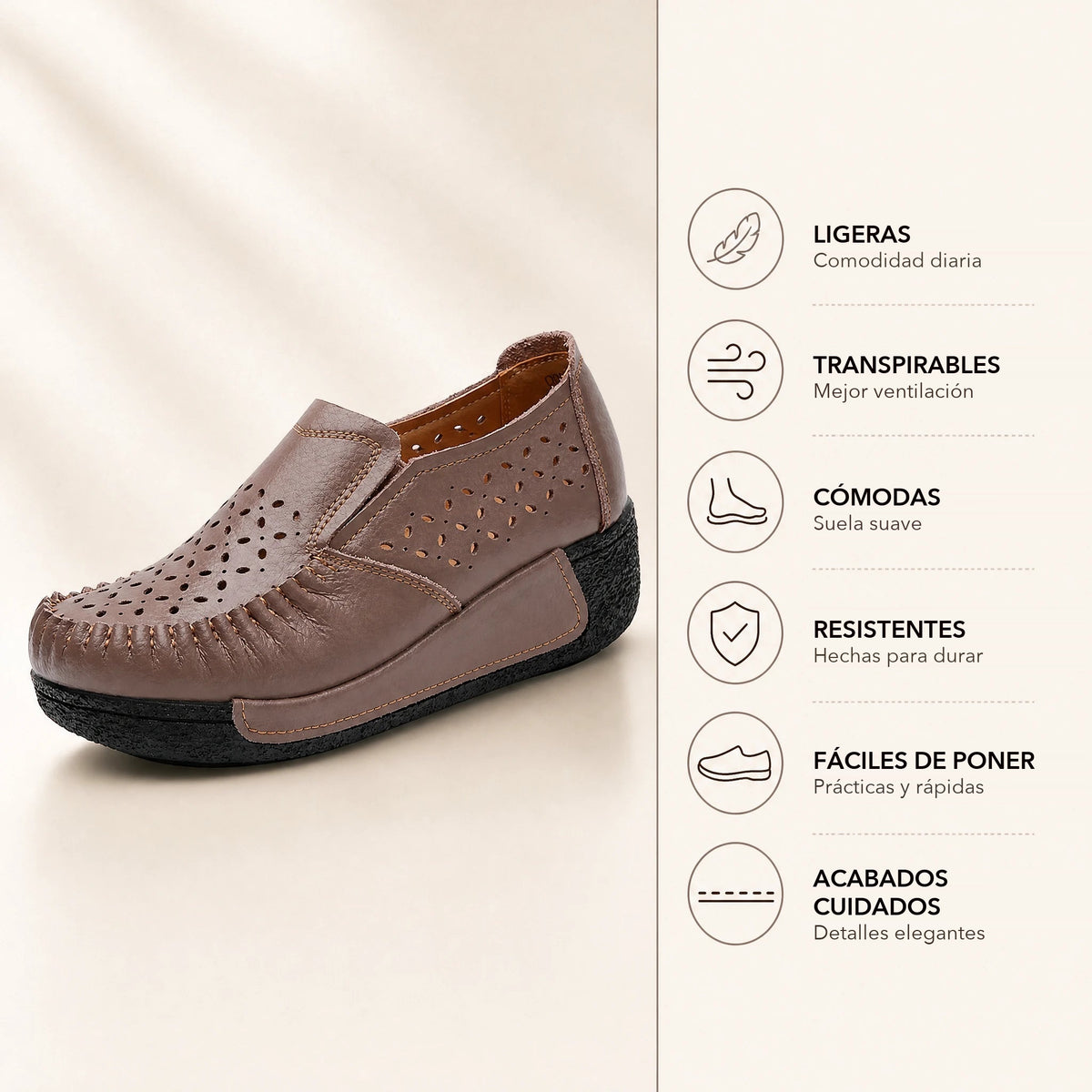Mocasín de mujer en piel auténtica calada con suela gruesa, color marrón, vista superior