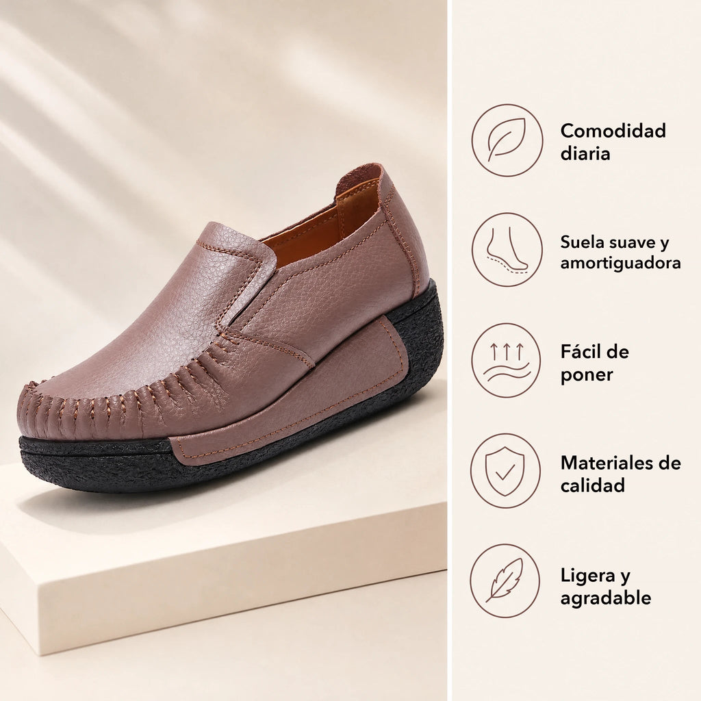 Mocasín de mujer en piel lisa con suela gruesa, color beige, vista trasera