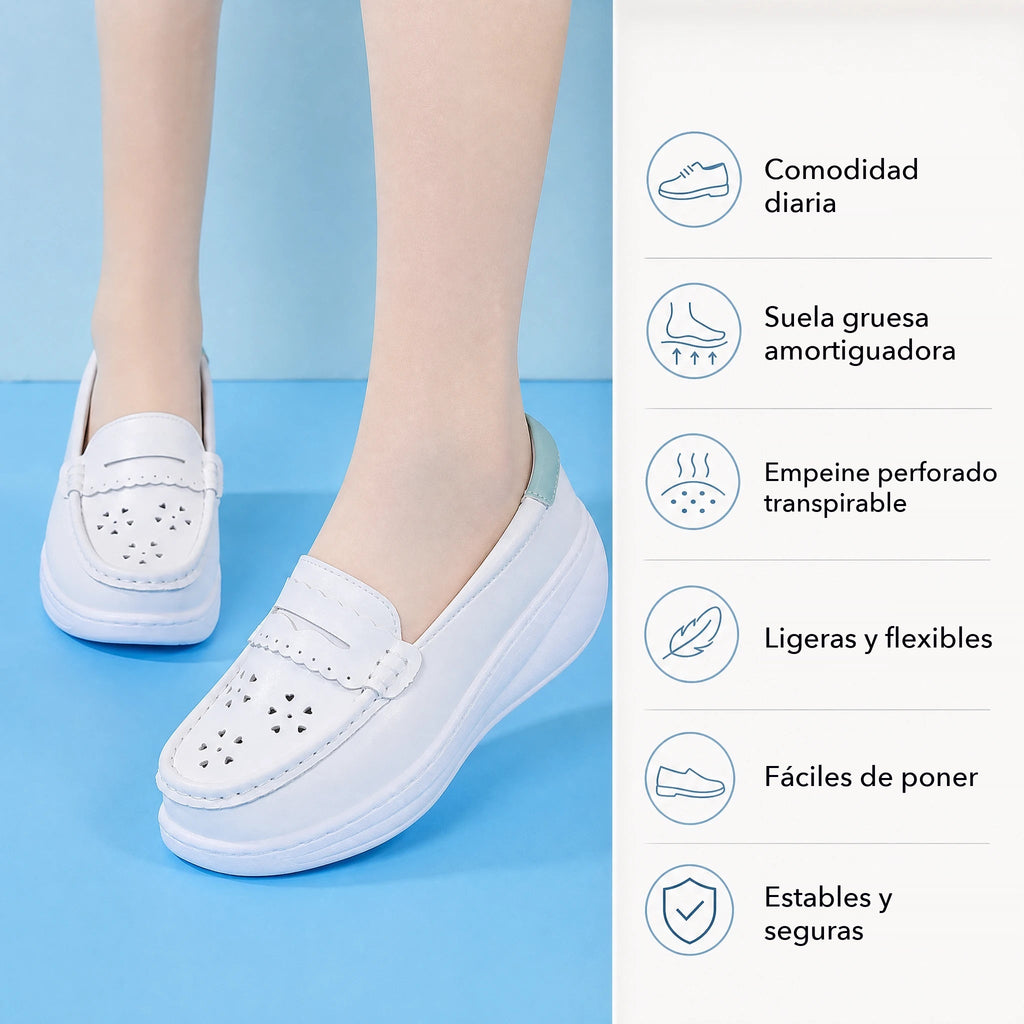 Mocasín de mujer con plataforma blanco calado en piel, color blanco con tacón rosa, vista superior
