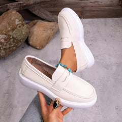 Mocasín mujer de suela gruesa blanca con banda, Beige