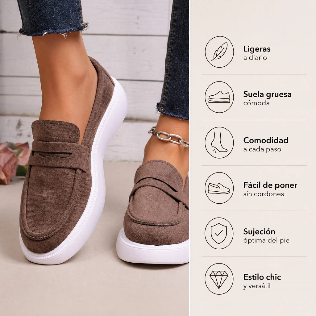 Mocasín mujer suela gruesa blanca con banda azul, vista superior