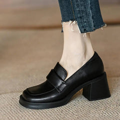 Mocasín de mujer con tacón cuadrado y suela gruesa, Negro