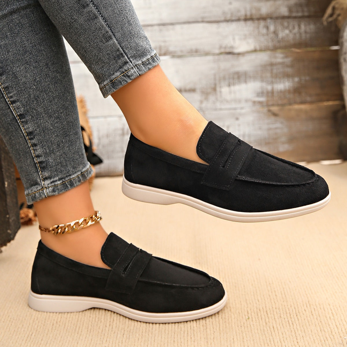 Mocasín de mujer con tira y suela blanca, color azul marino, foto 15